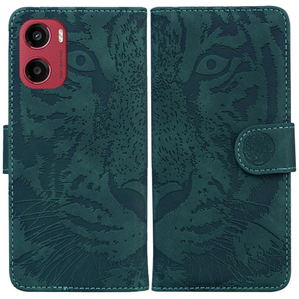 (Green) Flip Case For Motorola Moto E15 Kickstand Protective Embossed Cute Tiger Leather Wallet Green 764563401468