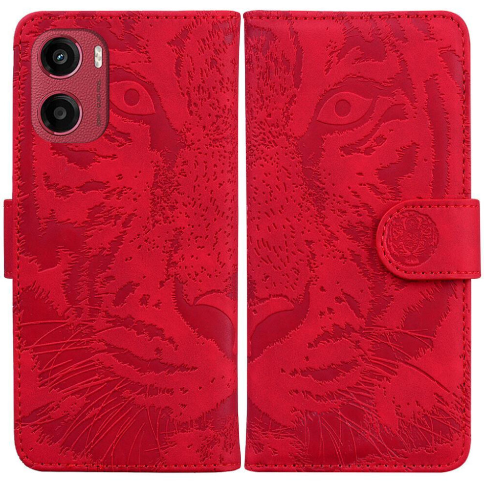 (Red) Flip Case For Motorola Moto E15 Kickstand Protective Embossed Cute Tiger Leather Wallet Red 764563401451