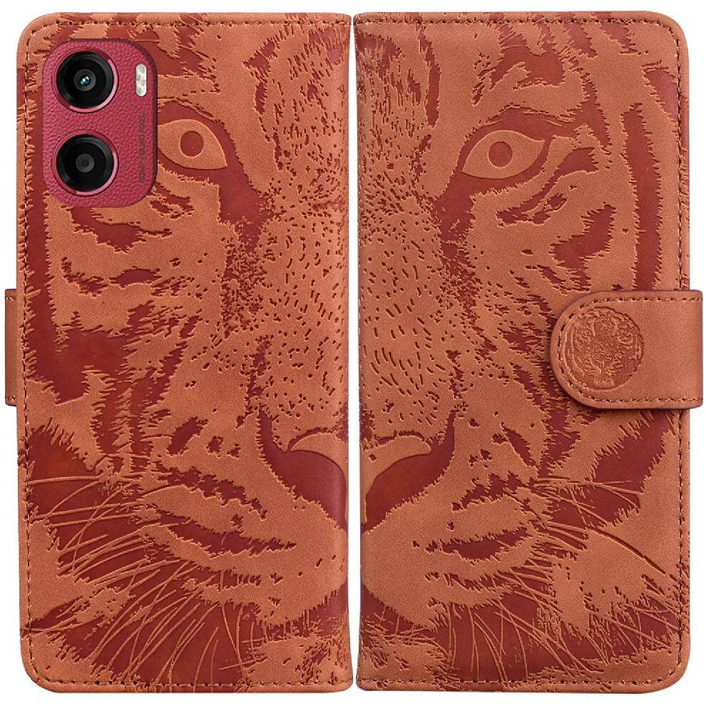 (Brown) Flip Case For Motorola Moto E15 Kickstand Protective Embossed Cute Tiger Leather Wallet Brown 764563401482