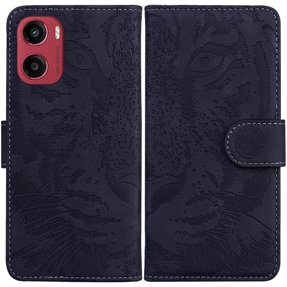(Black) Flip Case For Motorola Moto E15 Kickstand Protective Embossed Cute Tiger Leather Wallet Black 764563401444