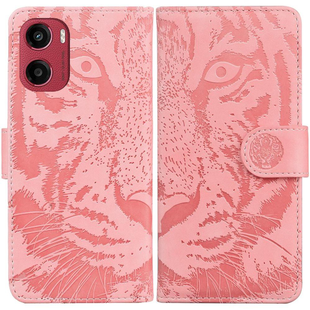 (Pink) Flip Case For Motorola Moto E15 Kickstand Protective Embossed Cute Tiger Leather Wallet Pink 764563401499