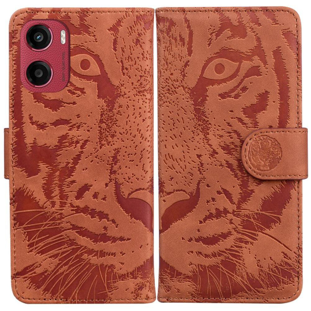 (Brown) Flip Case For Motorola Moto G05 Kickstand Protective Embossed Cute Tiger Leather Wallet Brown 764563401543