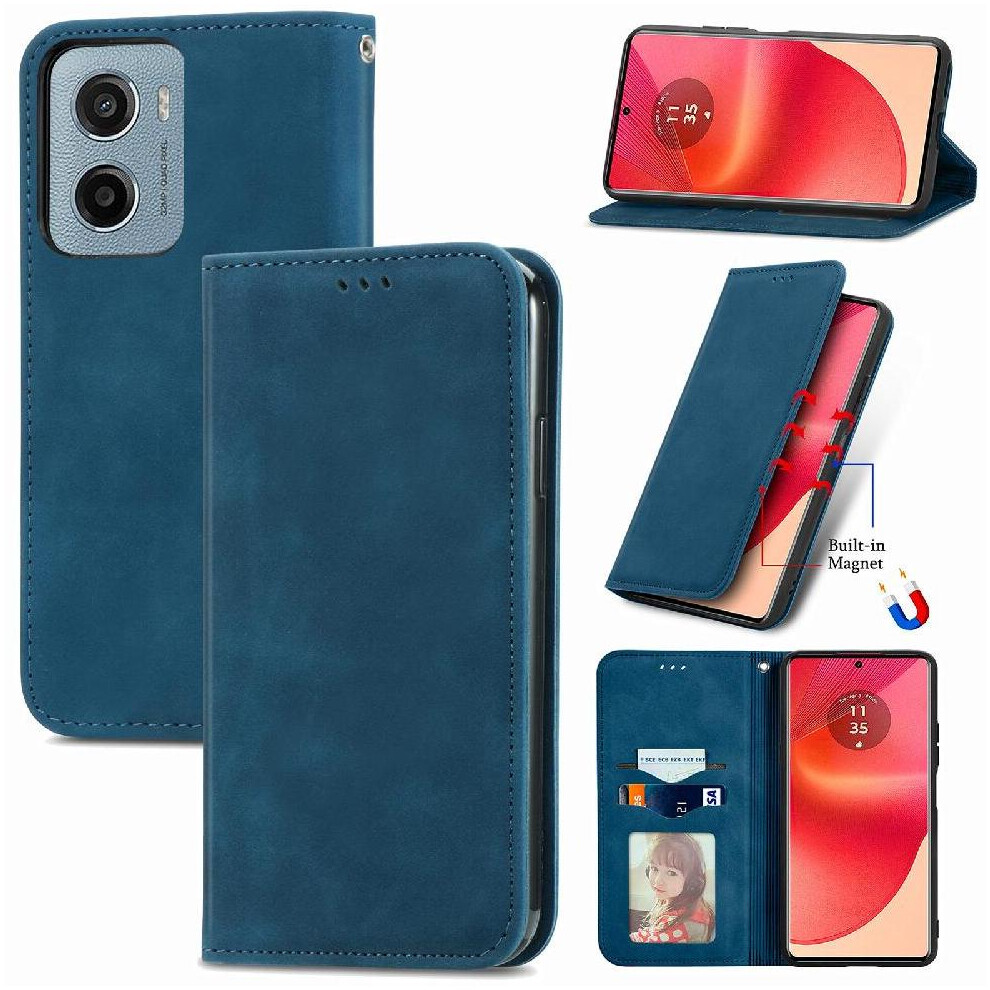 (Blue) Flip Case For Motorola Moto E15 Simple Business Shockproof Leather Case Flip Cover Wallet Blue 764563402434