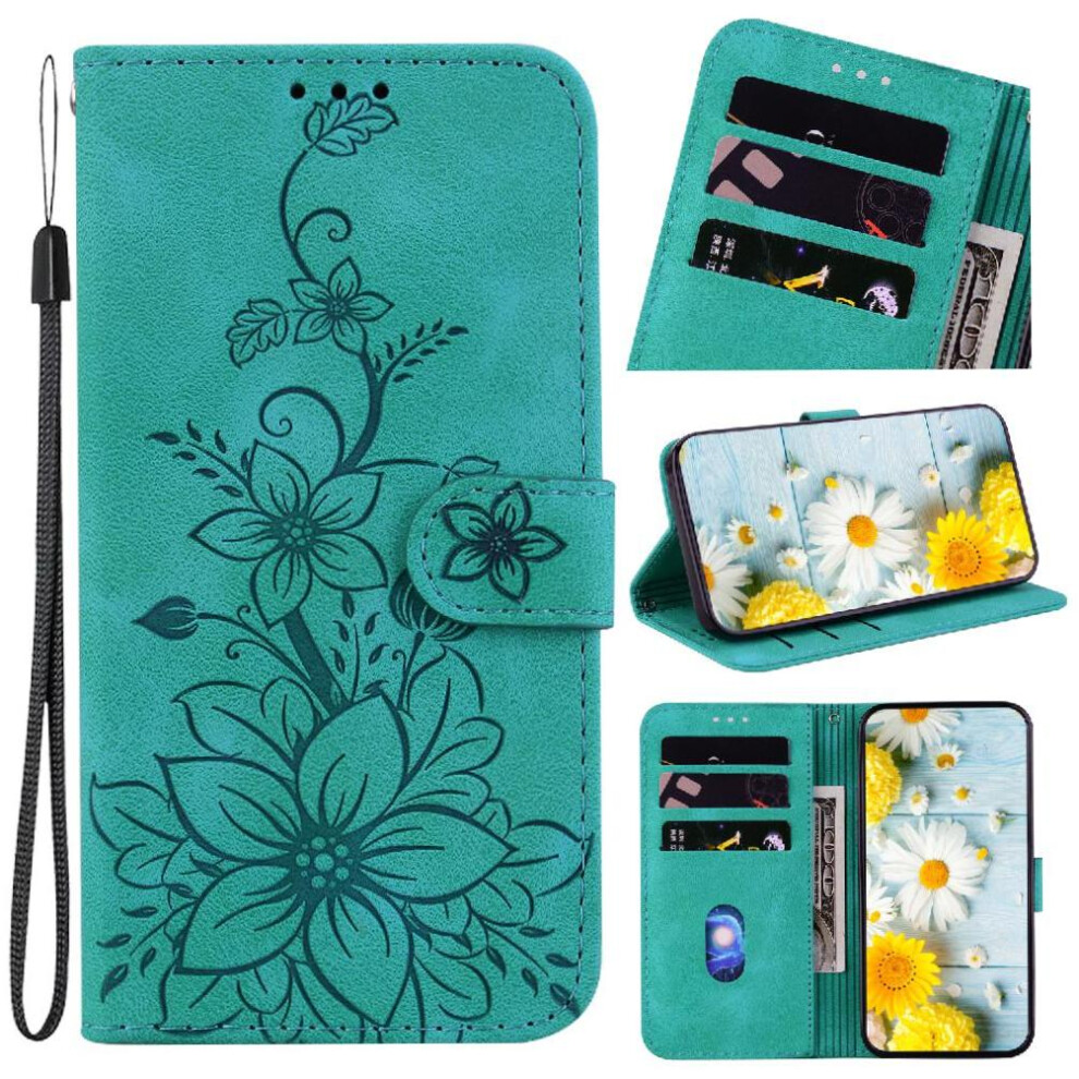 (Green) Flip Case For Motorola Moto E15 Kickstand Card Holder Wallet Magnetic Embossed Lily Green 764563402595