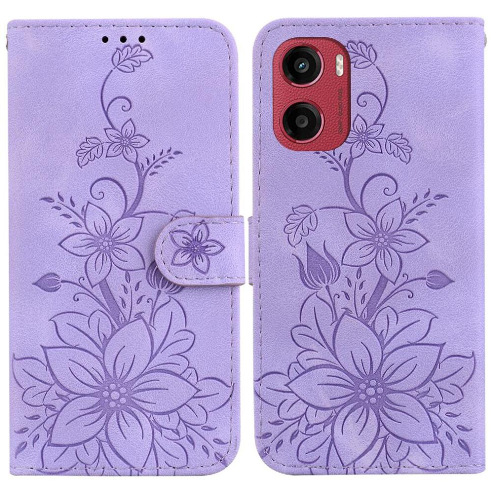 (Purple) Flip Case For Motorola Moto E15 Kickstand Card Holder Wallet Magnetic Embossed Lily Purple 764563402625