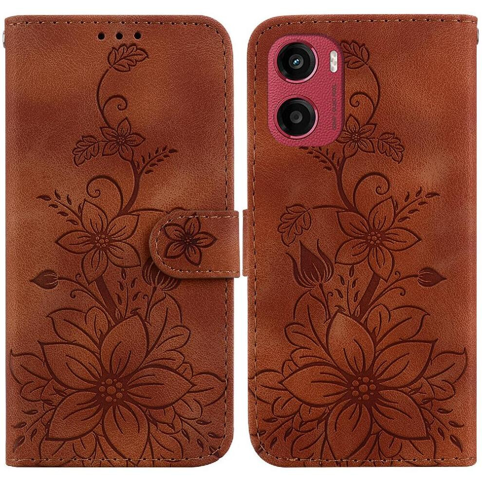 (Brown) Flip Case For Motorola Moto E15 Kickstand Card Holder Wallet Magnetic Embossed Lily Brown 764563402601