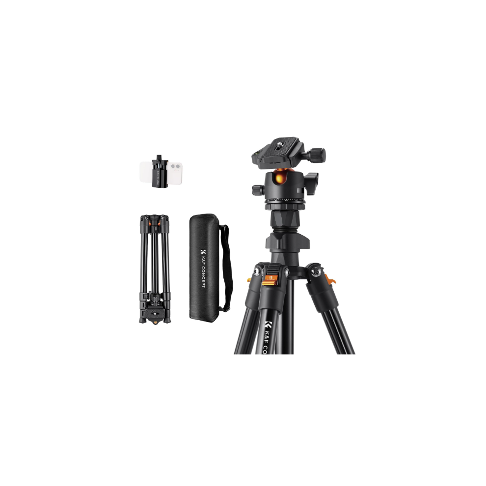 K&F Concept 64 Inch/163Cm Camera Tripod, Lightweight Aluminum Travel Outdoor Tripod With Ball Head Load Capacity 8Kg, Phone Holder