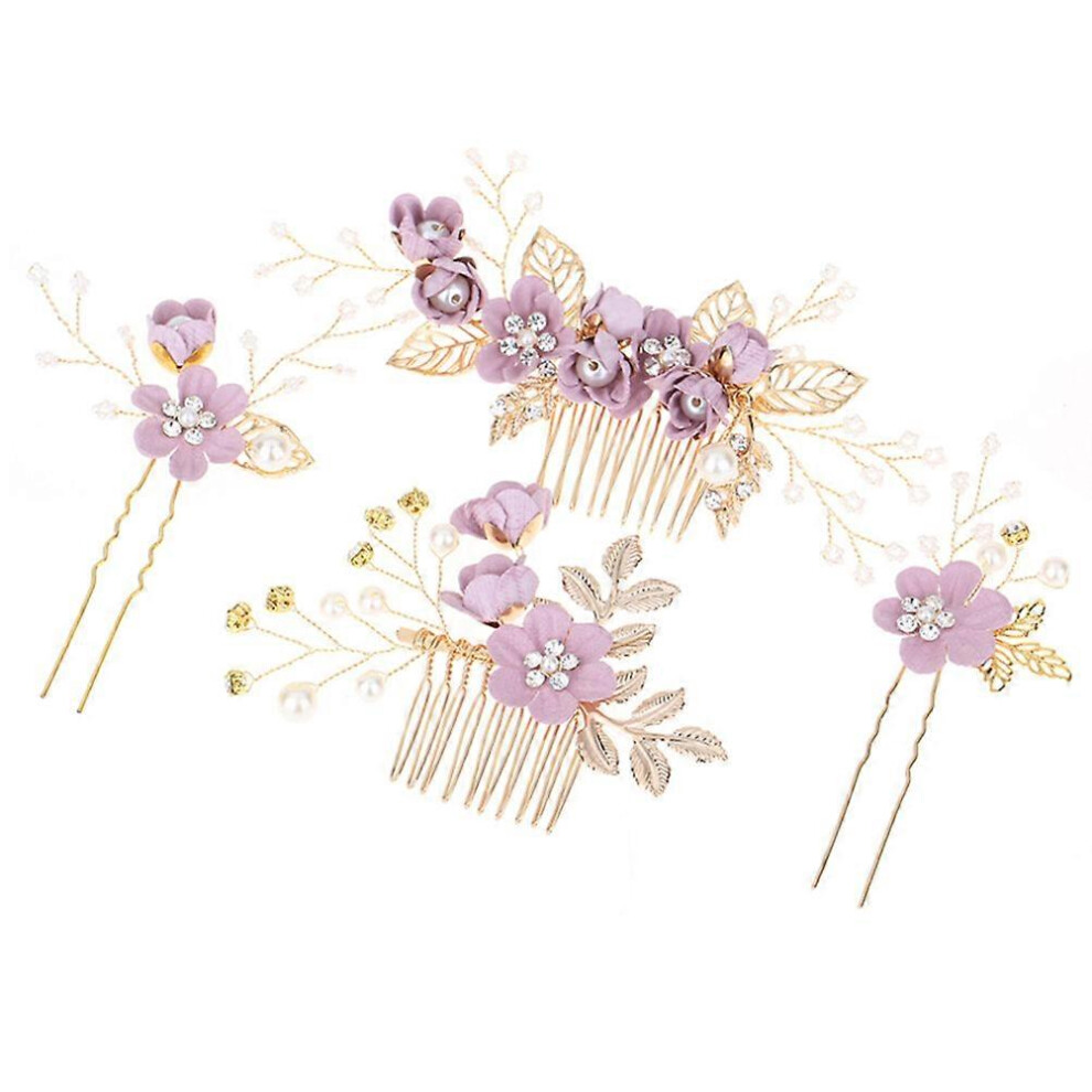 Kricely (, One Size) 4Pcs Wedding Handmade Fashion Hair Comb Set Floral Bridal Headpiece Hair Accessories Rhinestone Wedding Dress Accessories (Purple) Purple