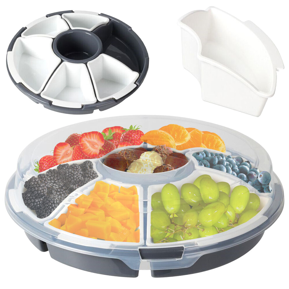 GEEZY Round Snack Tray with Lid 7 Compartments (6 Removable) Food Snack Dish 33cm