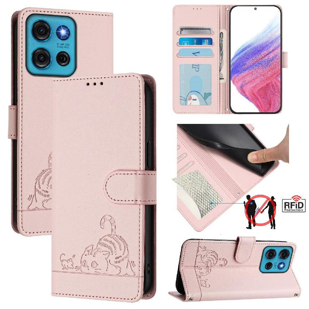 (Pink) Case For Motorola Moto G75 Wallet Flip Cover Card Slot Holder Kickstand Cat Rfid Pink 764563406661
