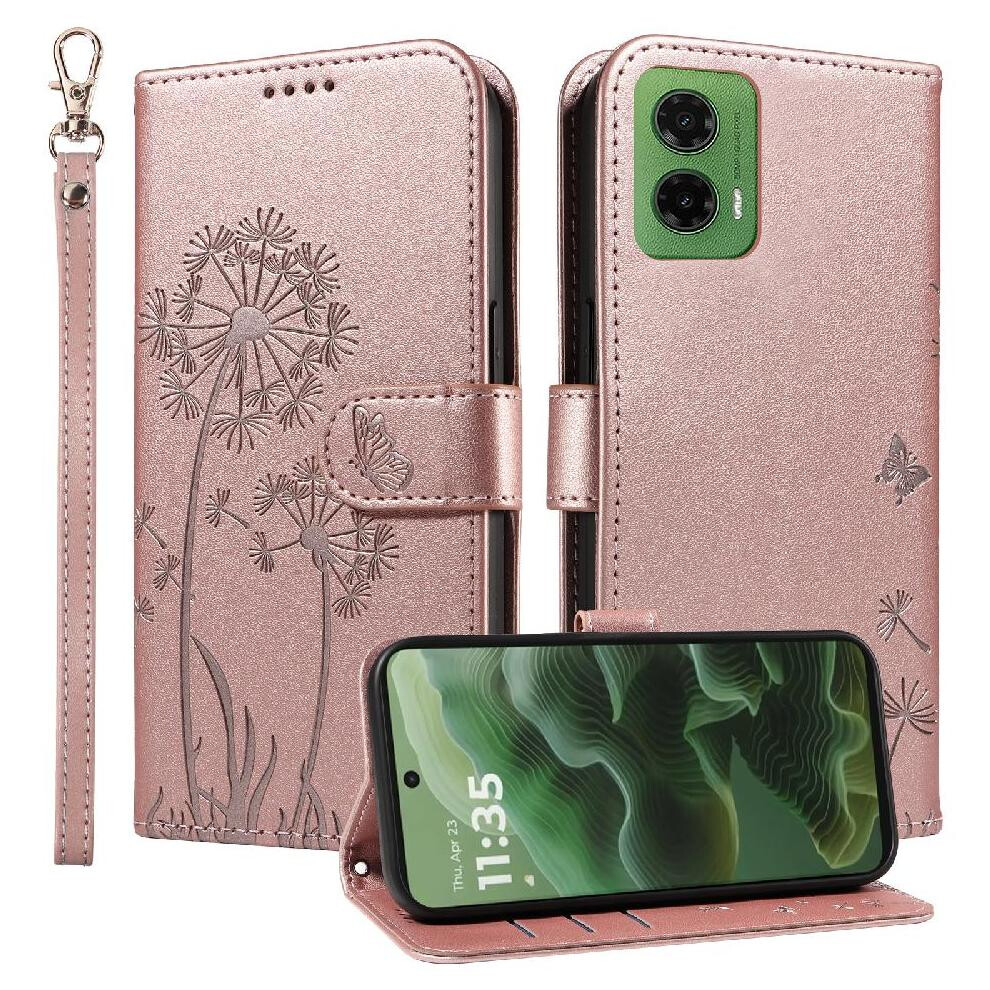 (Pink) Compatible With Motorola Moto G35 Flip Case Dandelion Print Leather Phone Case With Card Slots And Wrist Strap Stylish And Protective Pink 764563406838
