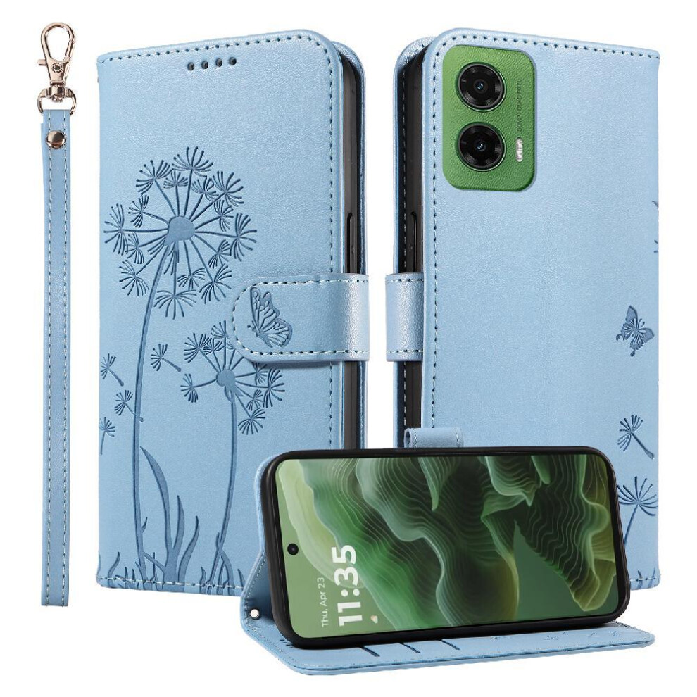 (Light ) Compatible With Motorola Moto G35 Flip Case Dandelion Print Leather Phone Case With Card Slots And Wrist Strap Stylish And Protective Blue 764563406869