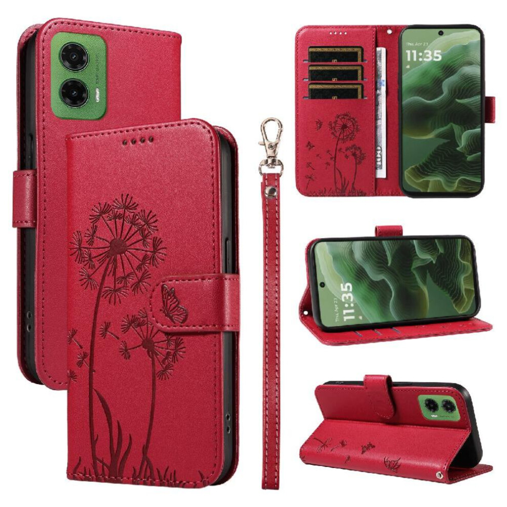 (Red) Compatible With Motorola Moto G35 Flip Case Dandelion Print Leather Phone Case With Card Slots And Wrist Strap Stylish And Protective Red 764563406814