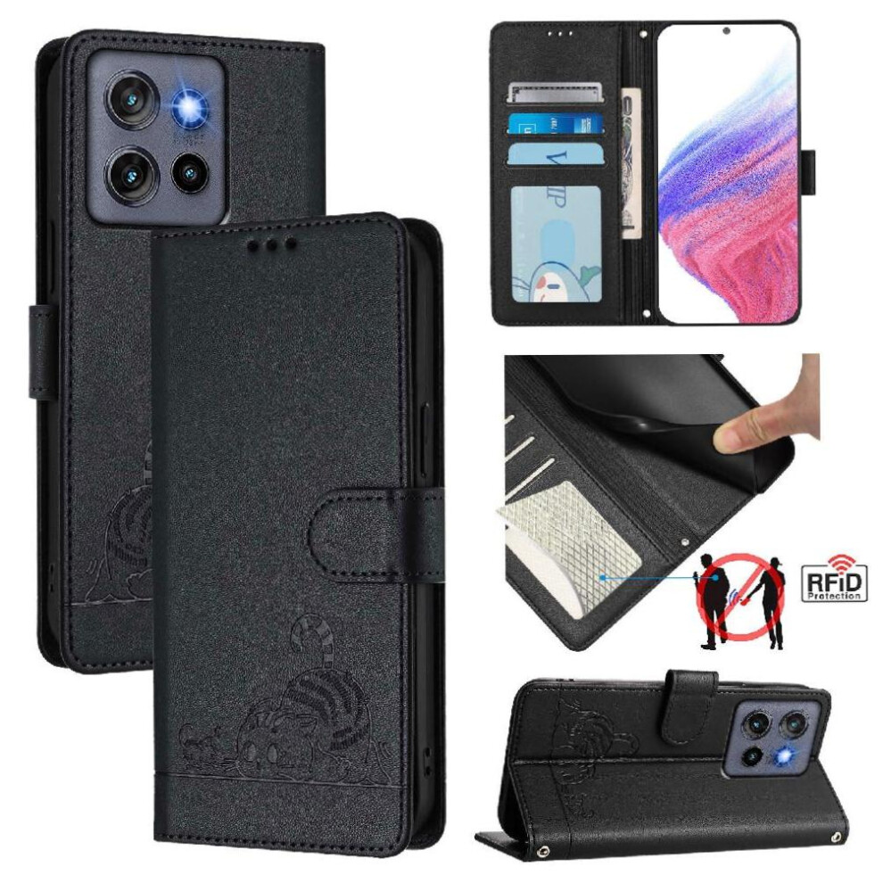 (Black) Case For Motorola Moto S50 Wallet Flip Cover Card Slot Holder Kickstand Cat Rfid Black 764563407101