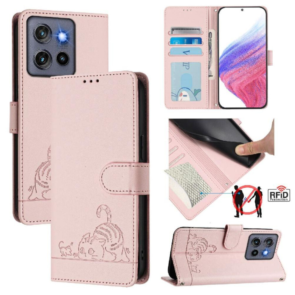 (Pink) Case For Motorola Thinkphone 25 Cat Rfid Card Slot Holder Kickstand Wallet Flip Cover Pink 764563407149