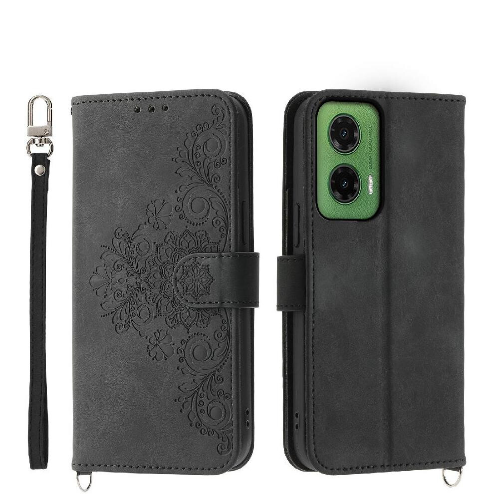 (Black) Flip Case For Motorola Moto G35 Wristband Embossed Multiple Credit Card Slots Shockproof Black 764563409990
