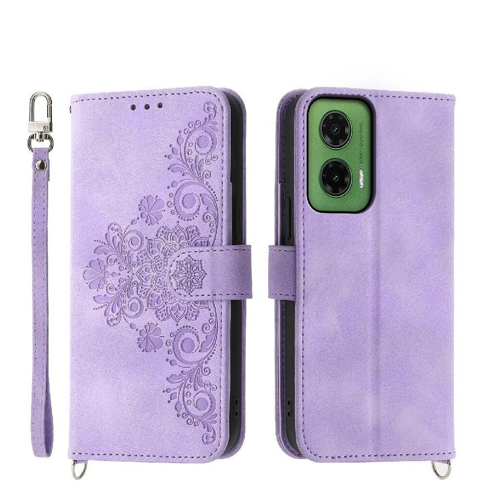 (Purple) Flip Case For Motorola Moto G35 Wristband Embossed Multiple Credit Card Slots Shockproof Purple 764563409952