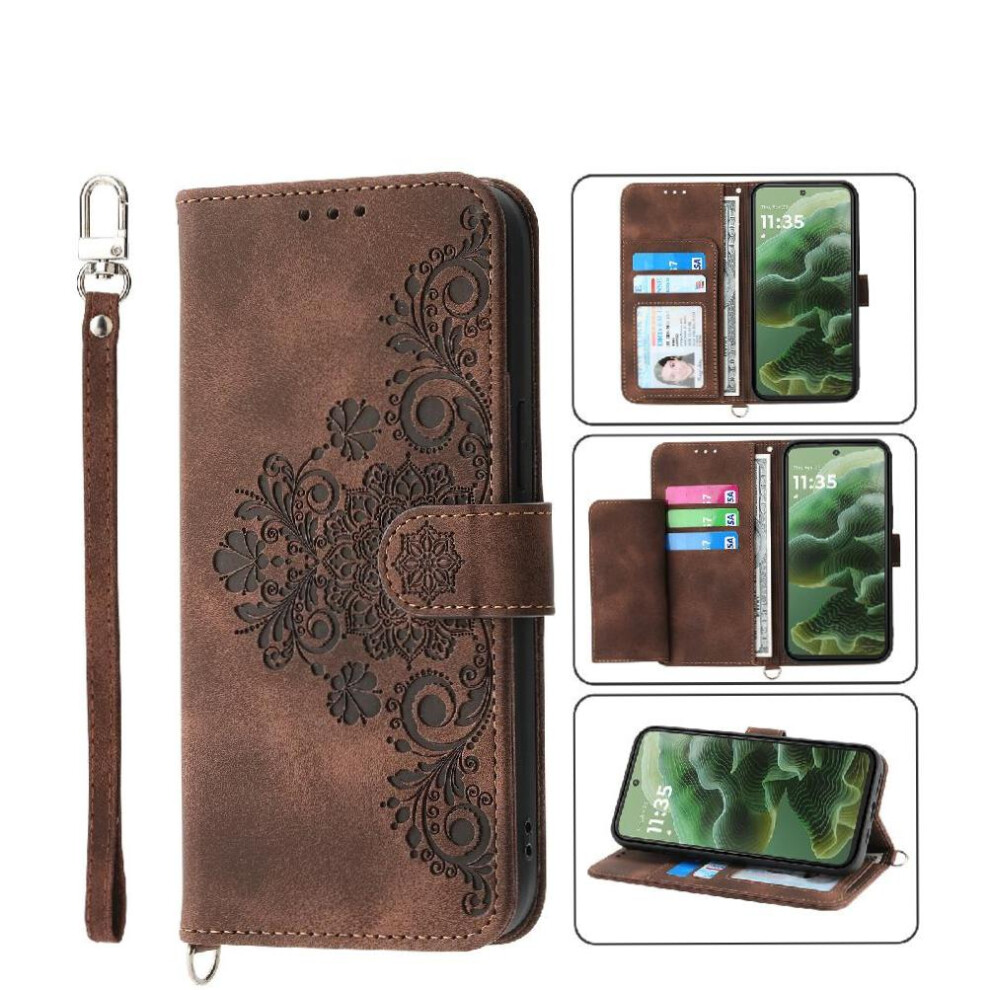 (Brown) Flip Case For Motorola Moto G35 Wristband Embossed Multiple Credit Card Slots Shockproof Brown 764563409983