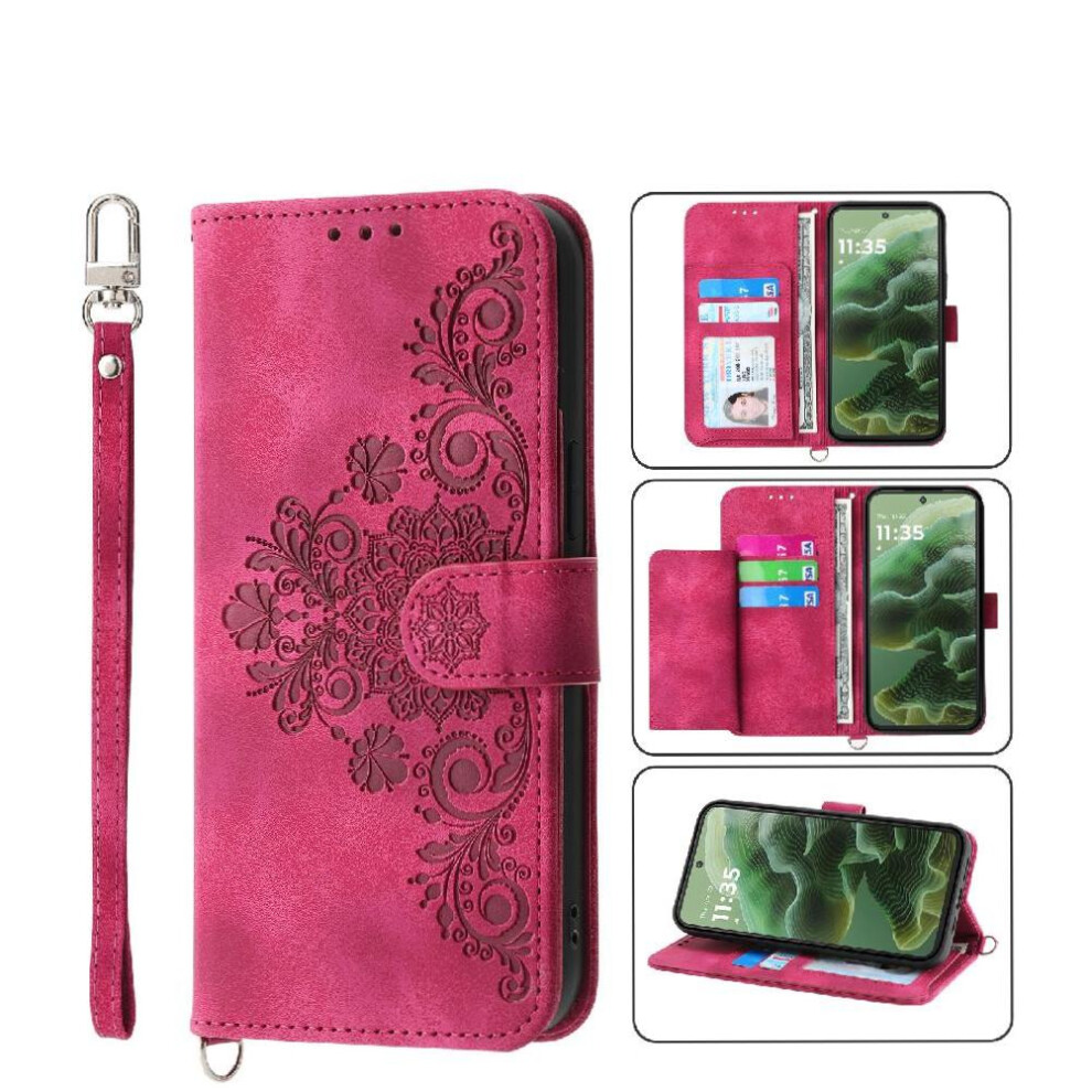 (Red) Flip Case For Motorola Moto G55 Multiple Credit Card Slots Shockproof Embossed Wristband Red 764563410026
