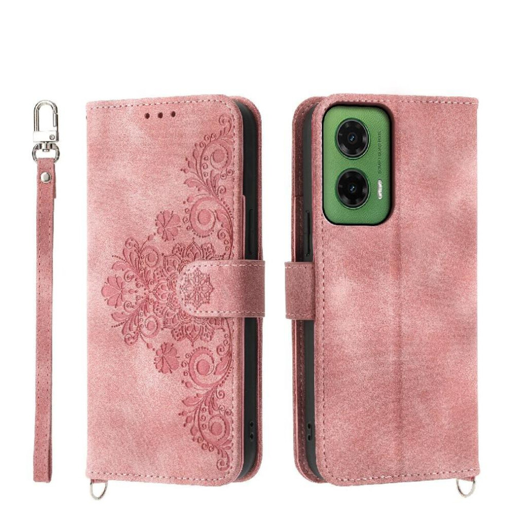 (Pink) Flip Case For Motorola Moto G55 Multiple Credit Card Slots Shockproof Embossed Wristband Pink 764563410019