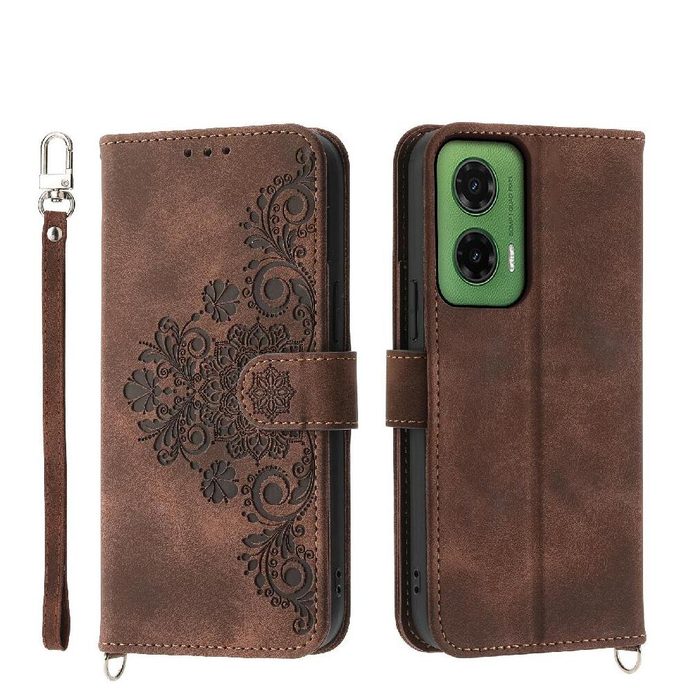 (Brown) Flip Case For Motorola Moto G55 Multiple Credit Card Slots Shockproof Embossed Wristband Brown 764563410033