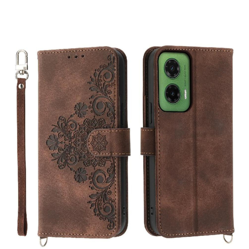 (Brown) Flip Case For Motorola Moto G75 Embossed Shockproof Wristband Multiple Credit Card Slots Brown 764563410088