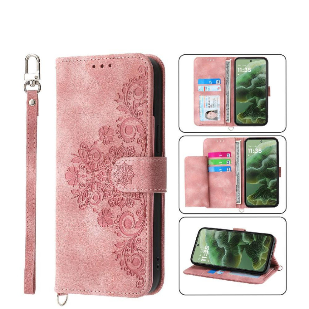 (Pink) Flip Case For Motorola Moto G75 Embossed Shockproof Wristband Multiple Credit Card Slots Pink 764563410064