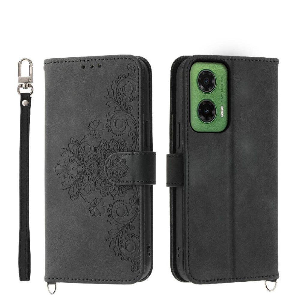 (Black) Flip Case For Motorola Moto G75 Embossed Shockproof Wristband Multiple Credit Card Slots Black 764563410095