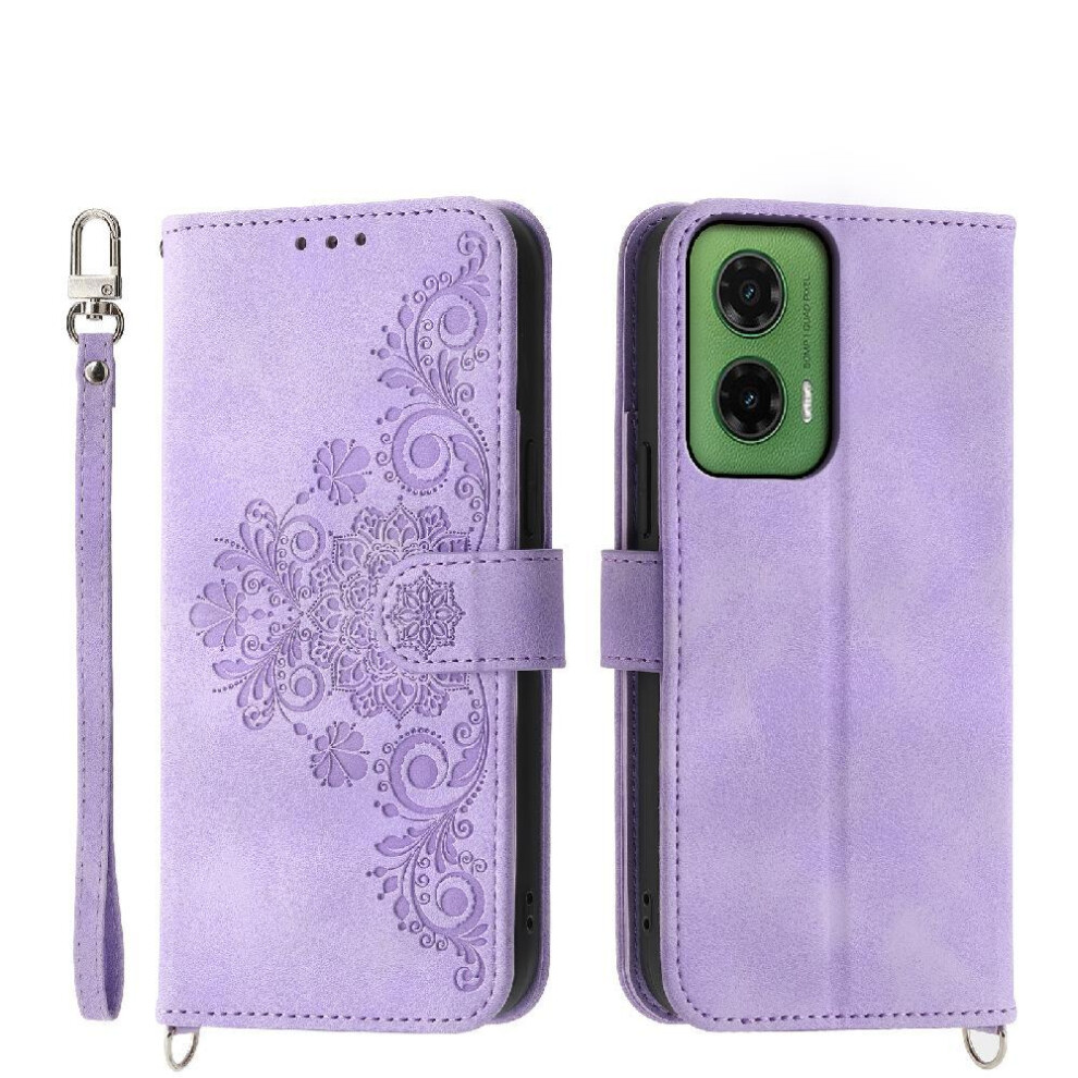 (Purple) Flip Case For Motorola Moto G75 Embossed Shockproof Wristband Multiple Credit Card Slots Purple 764563410057