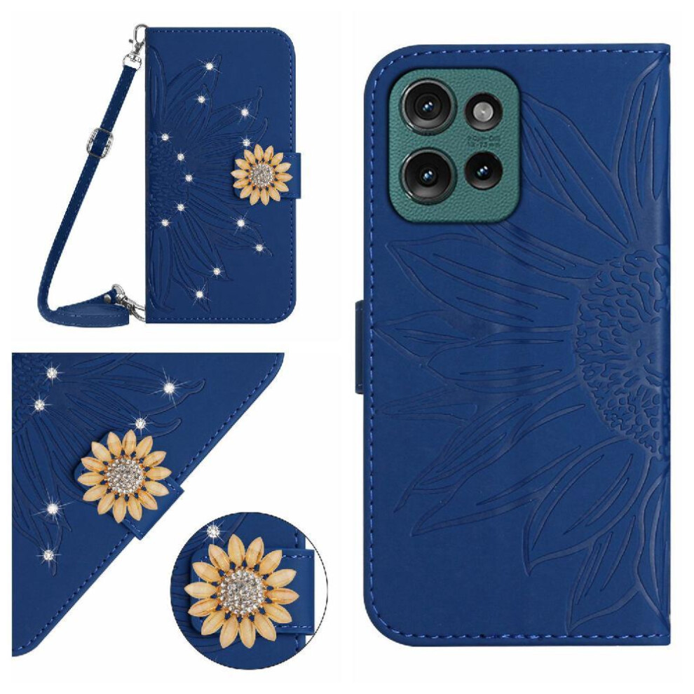 (Dark ) Flip Case For Motorola Moto G75 5G With Card Slot Stand Leather Wallet Sunflower With A Long Lanyard Kickstand Protective Blue 764563410859