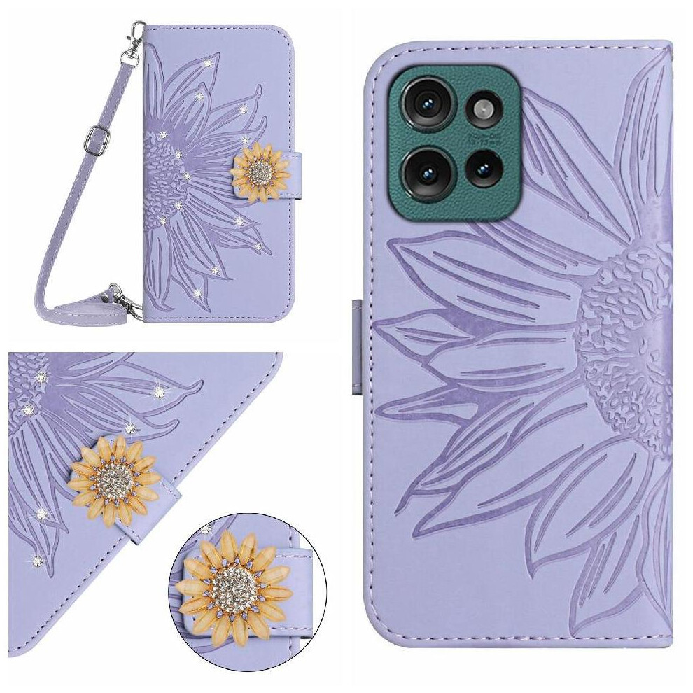 ( Violet) Flip Case For Motorola Moto G75 5G With Card Slot Stand Leather Wallet Sunflower With A Long Lanyard Kickstand Protective Light 764563410842