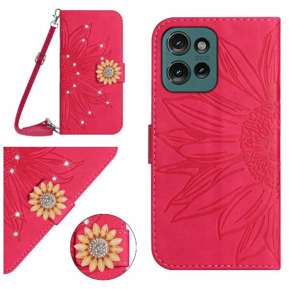 (Rose ) Flip Case For Motorola Moto G75 5G With Card Slot Stand Leather Wallet Sunflower With A Long Lanyard Kickstand Protective Red 764563410897