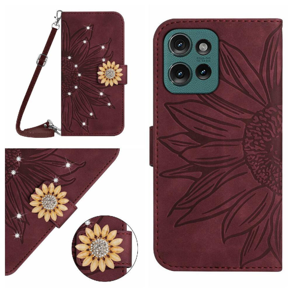 (Brown) Flip Case For Motorola Moto G75 5G With Card Slot Stand Leather Wallet Sunflower With A Long Lanyard Kickstand Protective Brown 764563410866