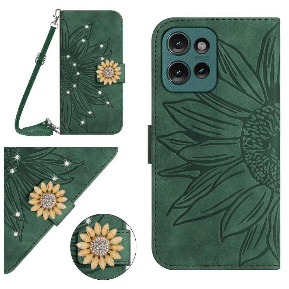 (Green) Flip Case For Motorola Moto G75 5G With Card Slot Stand Leather Wallet Sunflower With A Long Lanyard Kickstand Protective Green 764563410880