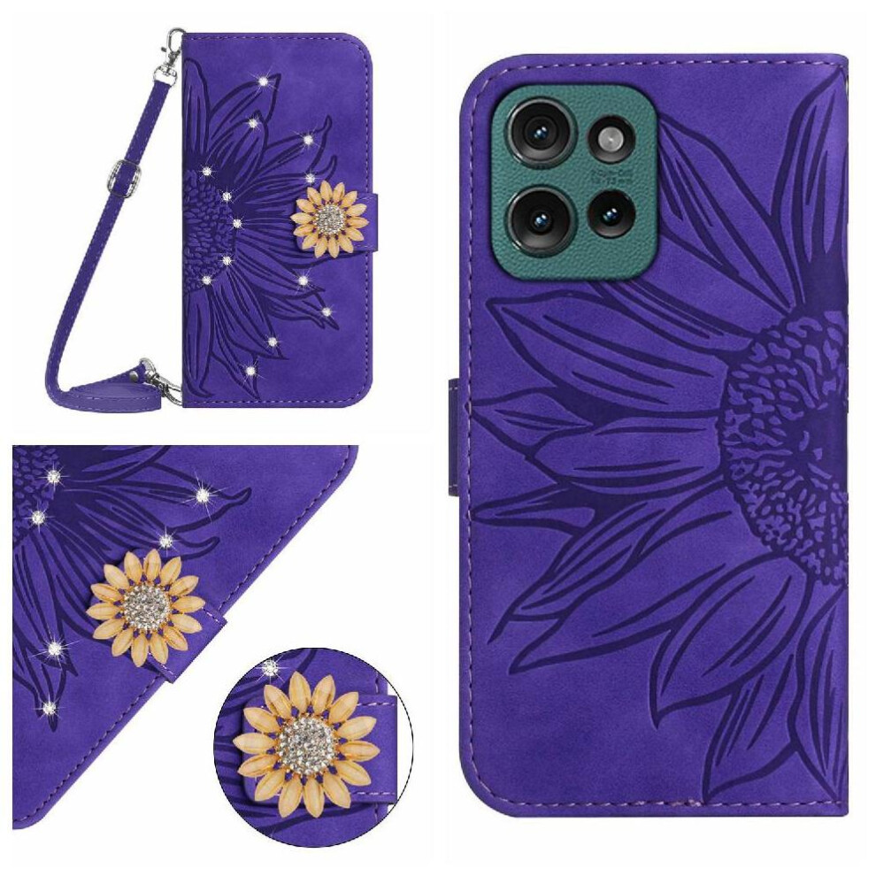 ( Violet) Flip Case For Motorola Moto G75 5G With Card Slot Stand Leather Wallet Sunflower With A Long Lanyard Kickstand Protective Dark 764563410910