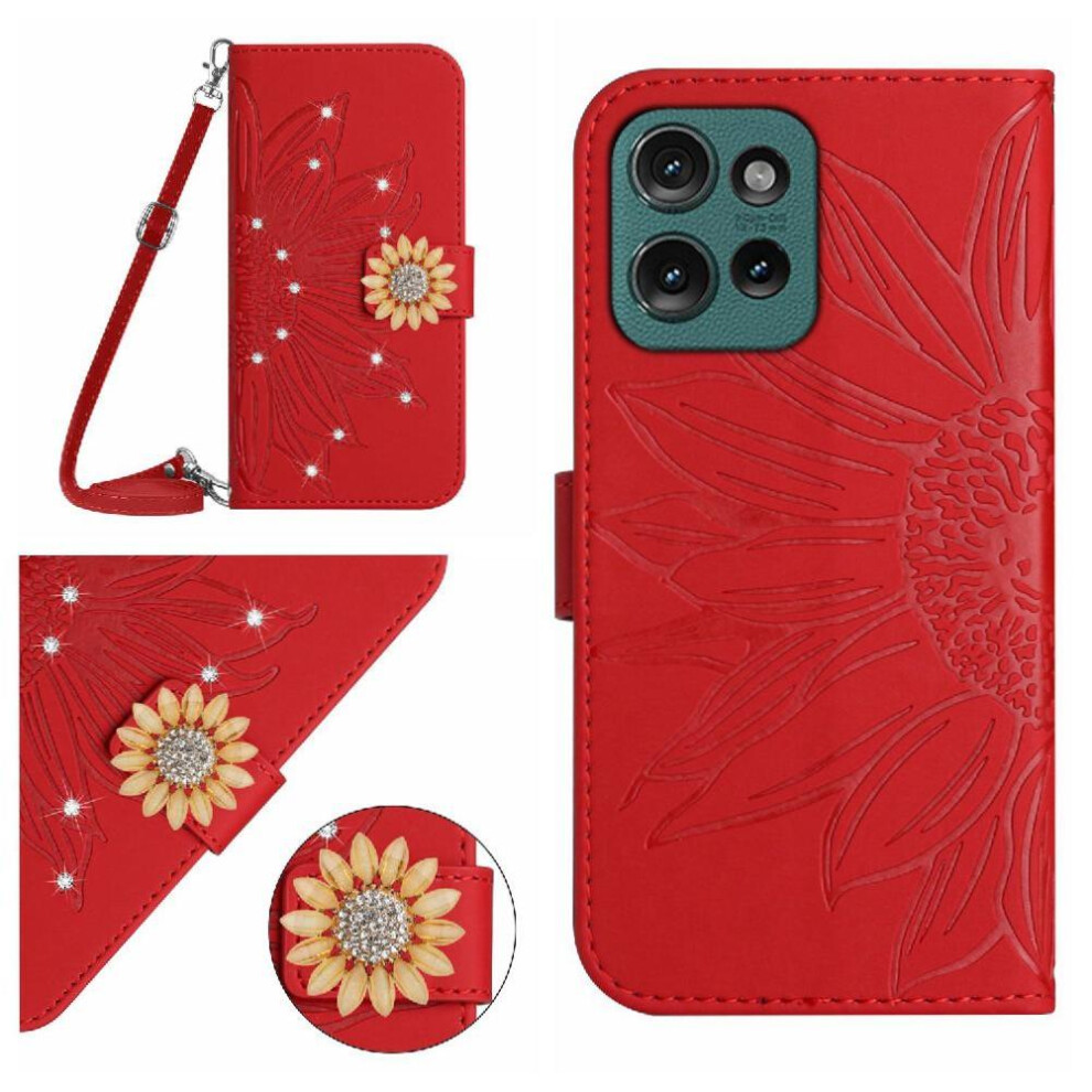 (Red) Flip Case For Motorola Moto G75 5G With Card Slot Stand Leather Wallet Sunflower With A Long Lanyard Kickstand Protective Red 764563410835