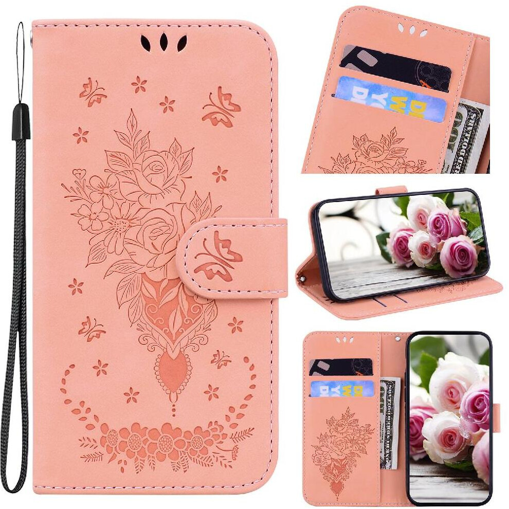 (Pink) Flip Case For Motorola Moto G75 Card Slots Pu Leather Cover Kickstand Wallet Case Emboss Rose Flowers Pink 764563411269