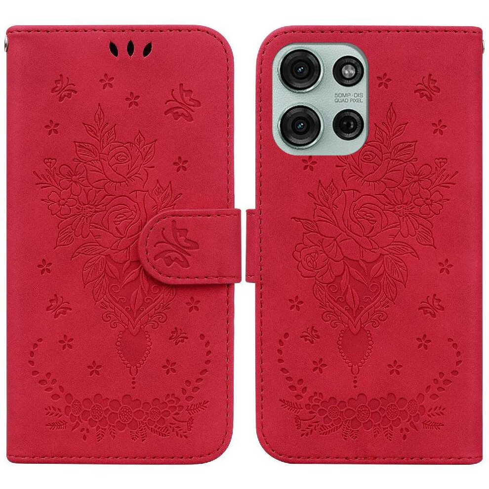 (Red) Flip Case For Motorola Moto G75 Card Slots Pu Leather Cover Kickstand Wallet Case Emboss Rose Flowers Red 764563411252
