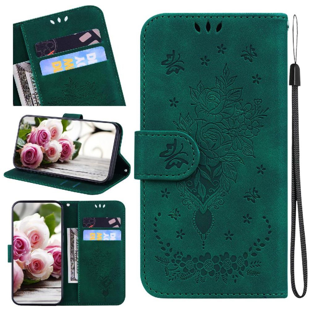 (Green) Flip Case For Motorola Moto G75 Card Slots Pu Leather Cover Kickstand Wallet Case Emboss Rose Flowers Green 764563411238
