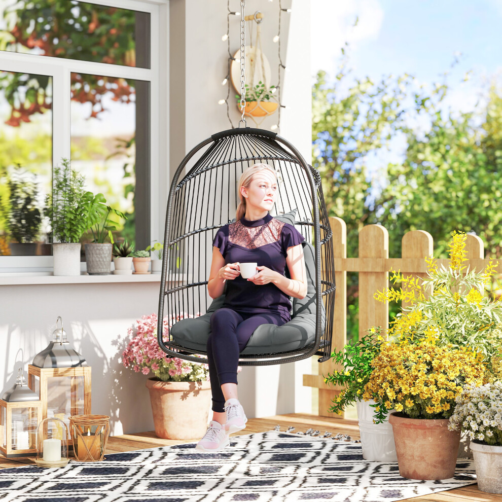 Outsunny Rattan Egg Chair with Installation Kit, Indoor Outdoor Swing Chair
