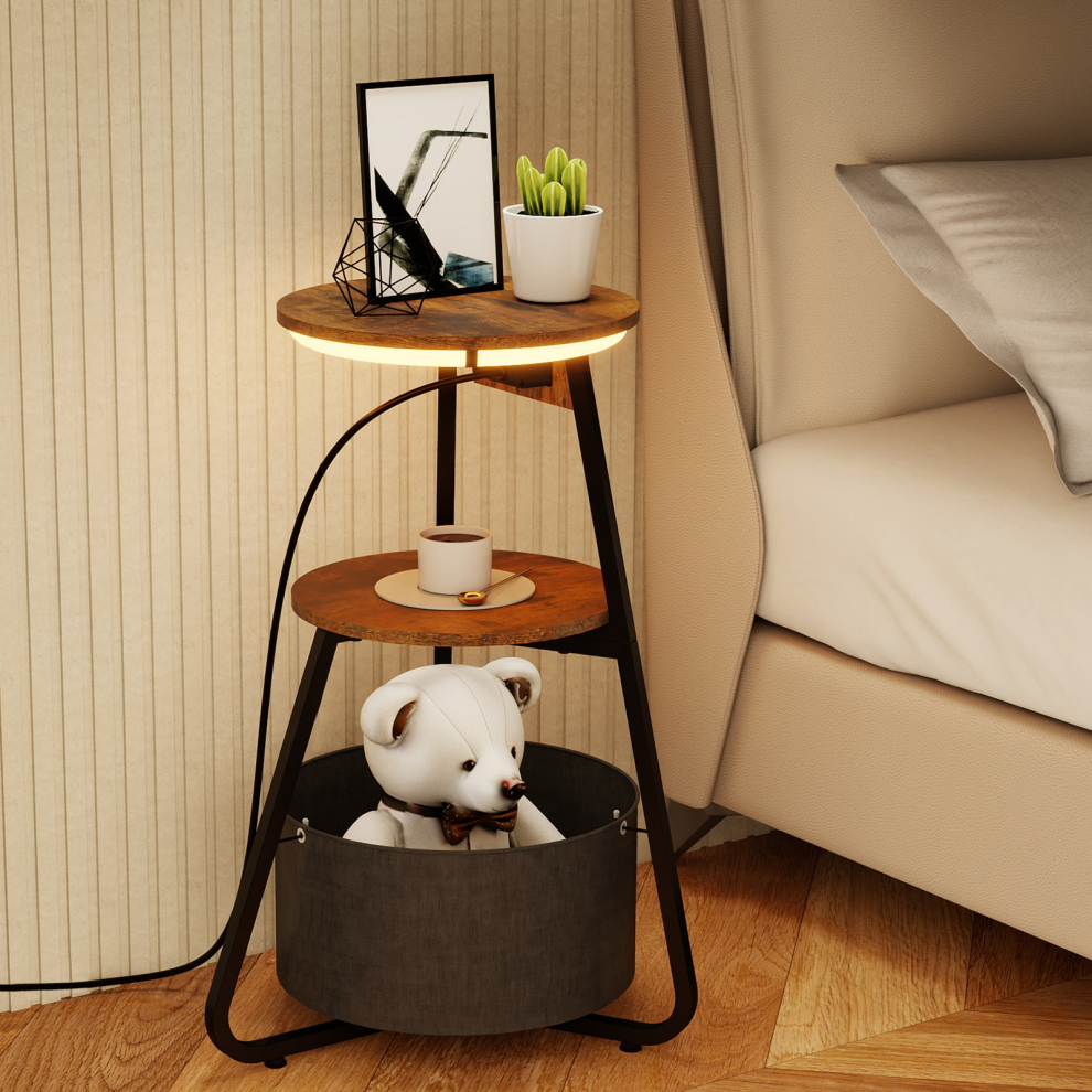 LED Side Table 2-Tier Storage Coffee End Table with Charging Station