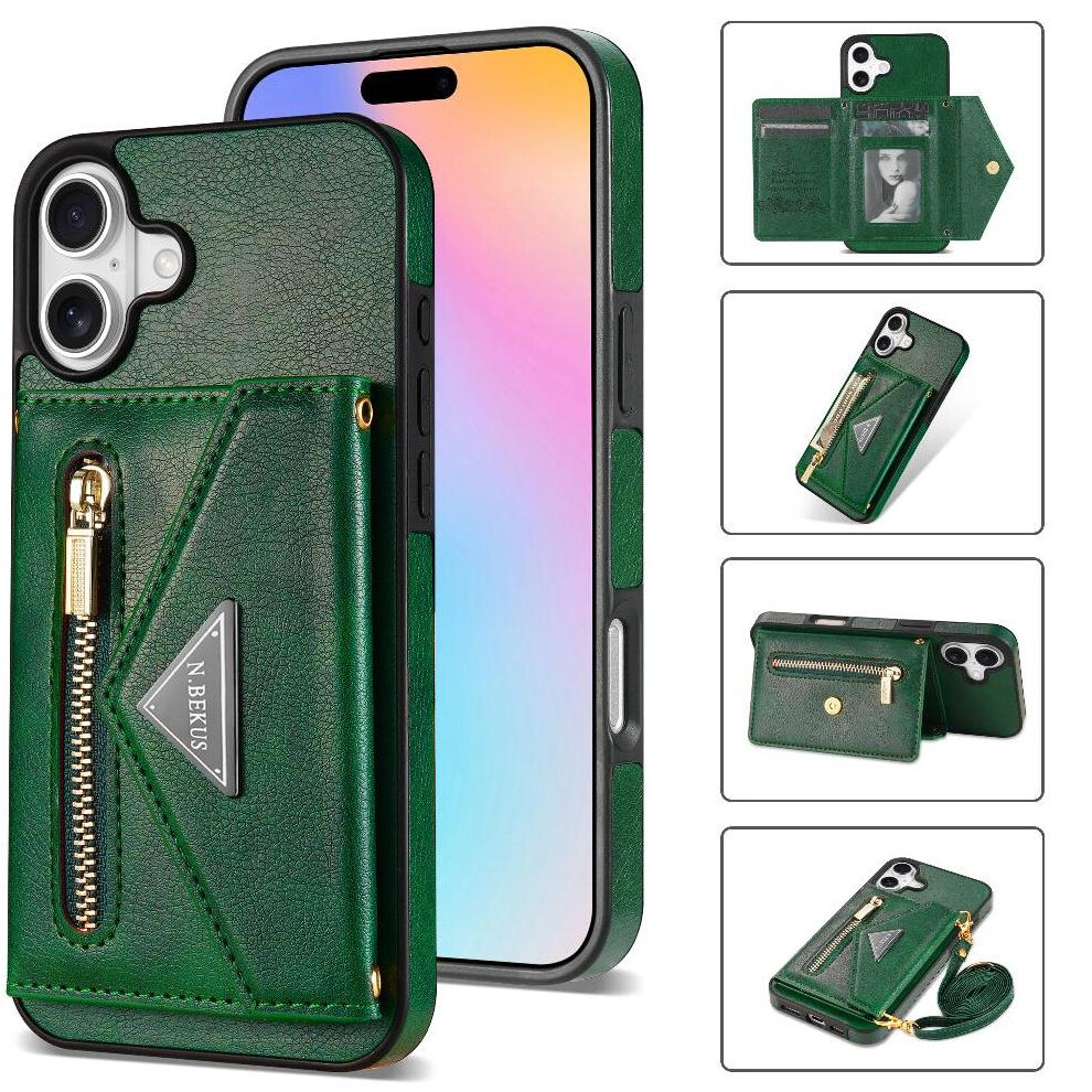 Photos - Case Compatible with iphone 16 Plus Zipper Pocket Crossbody Strap Protective Cover Pu Leather Magnetic Buckle Card H(Green)