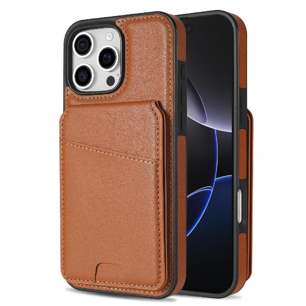 (Brown) Compatible With Iphone 16 Pro Wireless Charging Case Card Holder Wallet Case Magsafe Magnetic Closure Kickstand Brown 764563413539