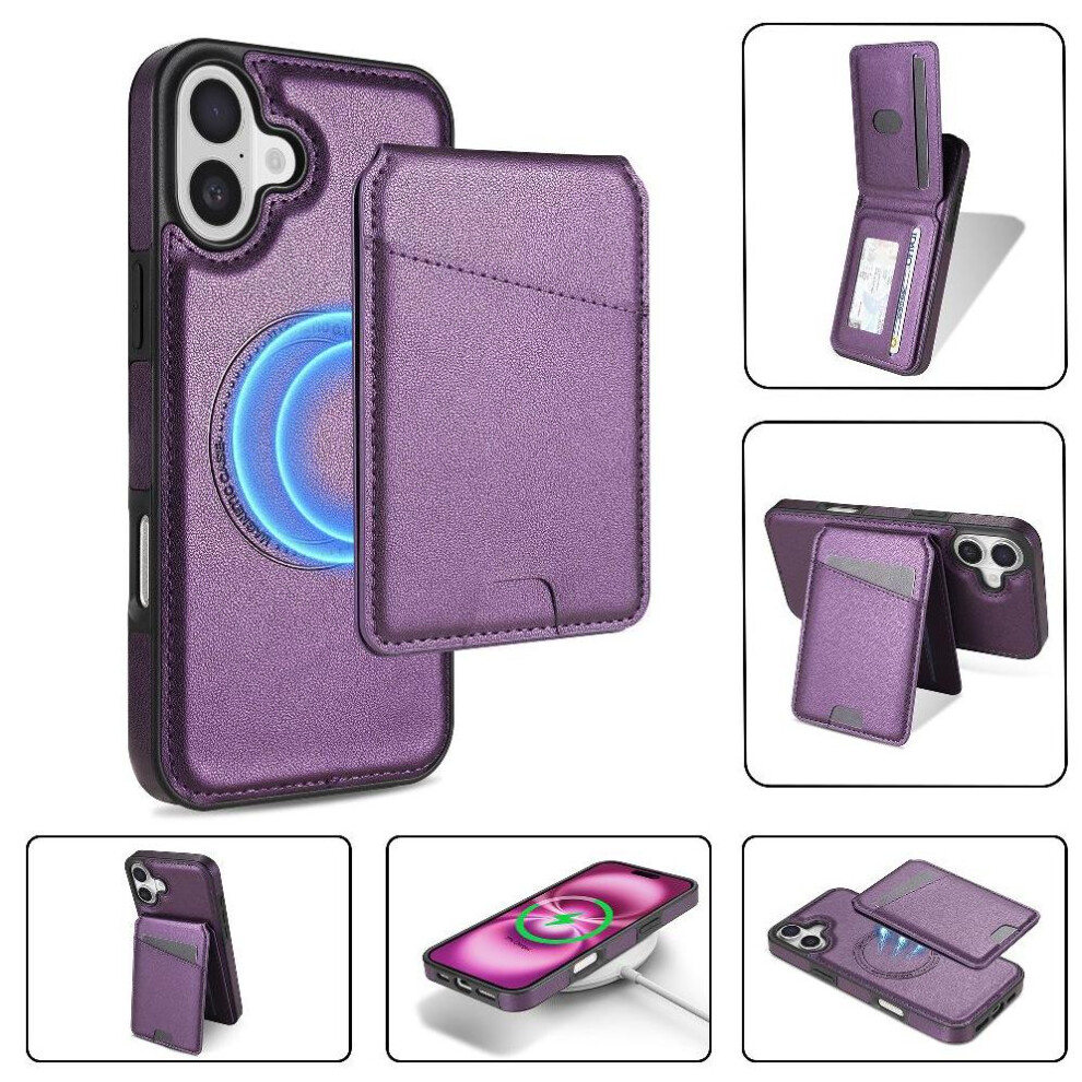 (Purple) Compatible With Iphone 16 Wireless Charging Case Magsafe Kickstand Magnetic Closure Wallet Case Card Holder Purple 764563413645