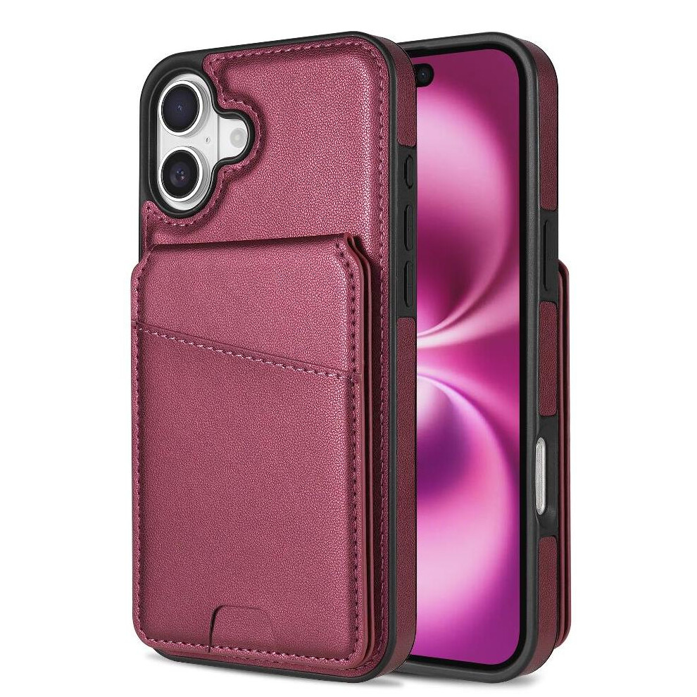 (Red) Compatible With Iphone 16 Plus Wireless Charging Case Kickstand Magnetic Closure Magsafe Wallet Case Card Holder Red 764563413713