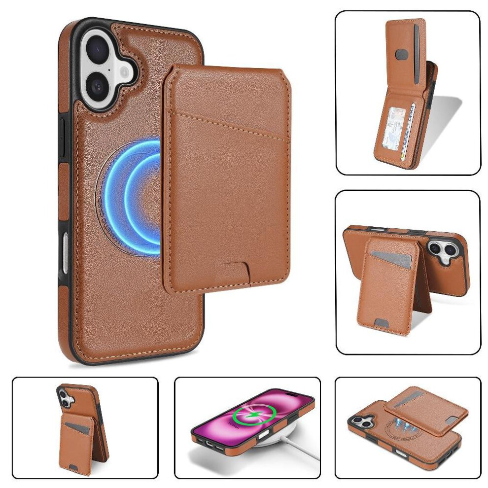 (Brown) Compatible With Iphone 16 Plus Wireless Charging Case Kickstand Magnetic Closure Magsafe Wallet Case Card Holder Brown 764563413683