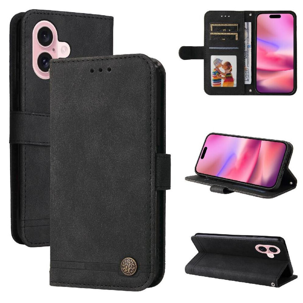 (Black) Compatible With Iphone 16 Plus Case Leather Card Slot Holders Protective Cover Black 764563414871