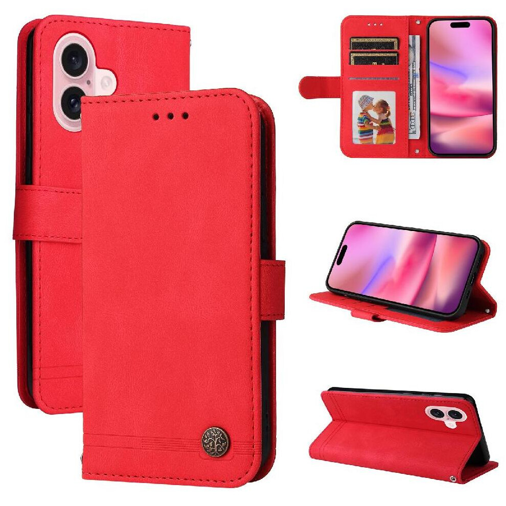 (Red) Compatible With Iphone 16 Plus Case Leather Card Slot Holders Protective Cover Red 764563414840