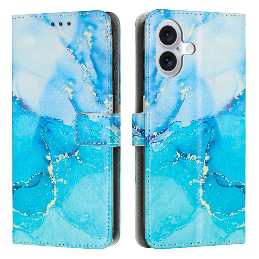 (Bluish ) Flip Case For Iphone 16 Painted Marble Card Insertion Buckle Flap Wallet Case Green 764563415373