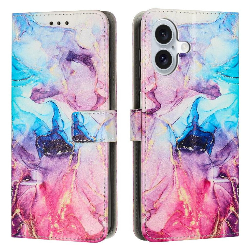 (Pinkish ) Flip Case For Iphone 16 Painted Marble Card Insertion Buckle Flap Wallet Case Purple 764563415366